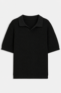 Waffle-structure knit polo with Johnny collar - Black