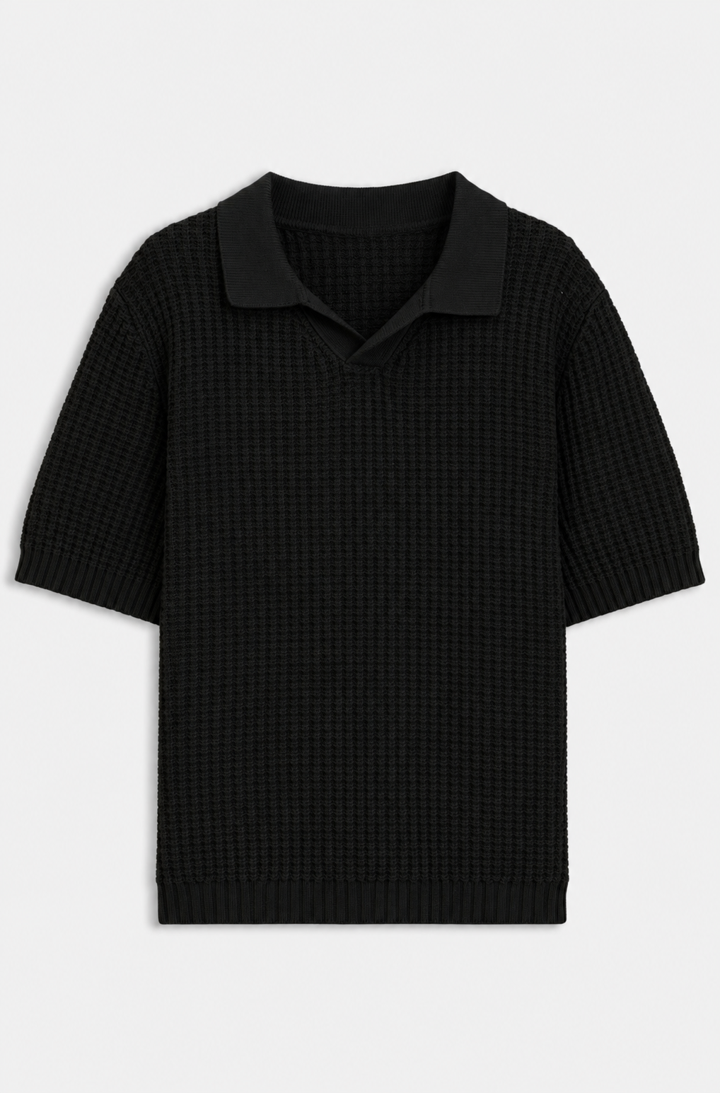 Waffle-structure knit polo with Johnny collar - Black