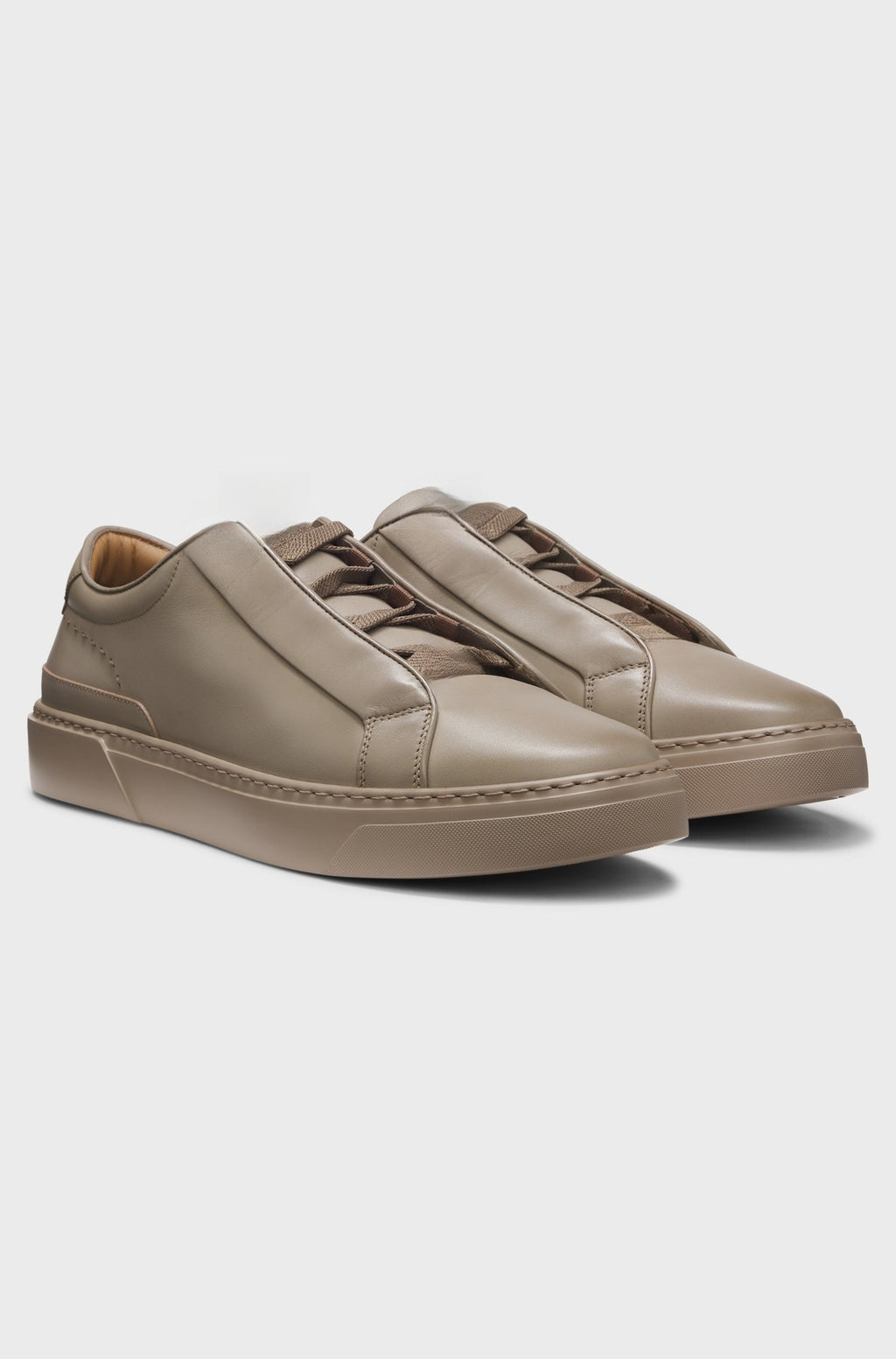 Italian-made brushed leather trainers with elastic laces - Light Brown