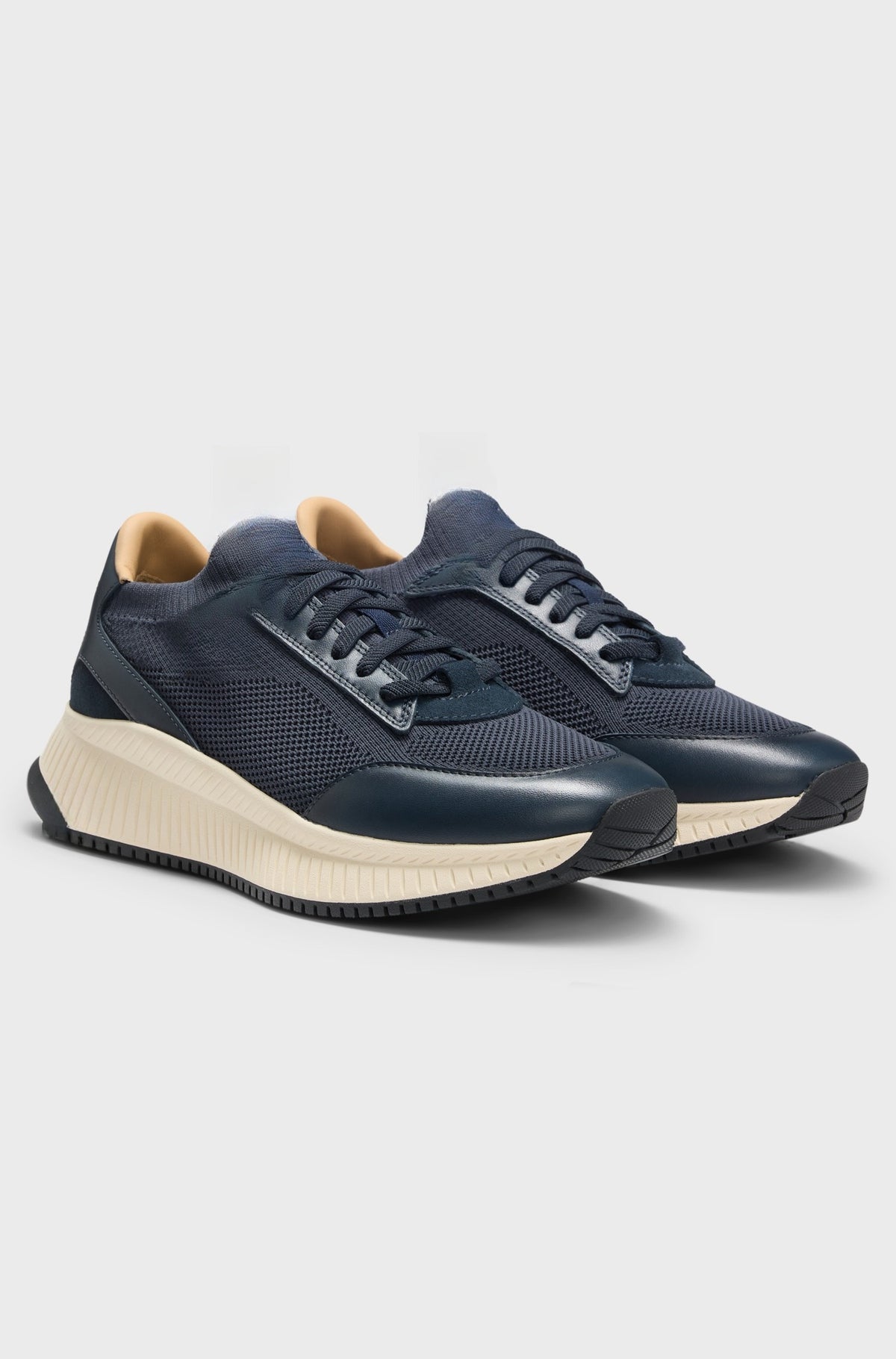 Running-style slip-on trainers in knit with leather overlays - Dark Blue
