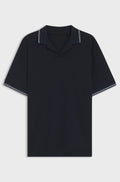 Cotton-linen polo shirt with Johnny collar - Dark Blue