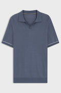 Cotton-blend knit polo with horizontal stripe - Dark Blue