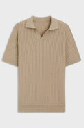Johnny-collar knit polo in a cotton-linen jacquard - Beige