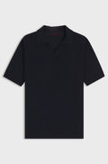 Johnny-collar knit polo in a cotton-linen jacquard - Dark Blue