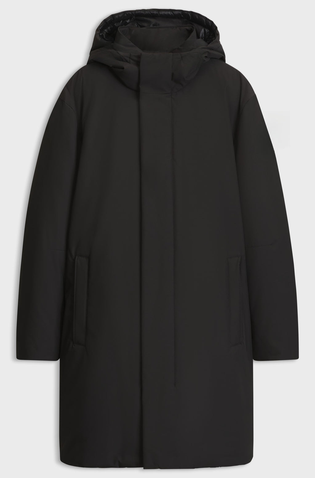 Long hooded down-filled coat with concealed closure - Black