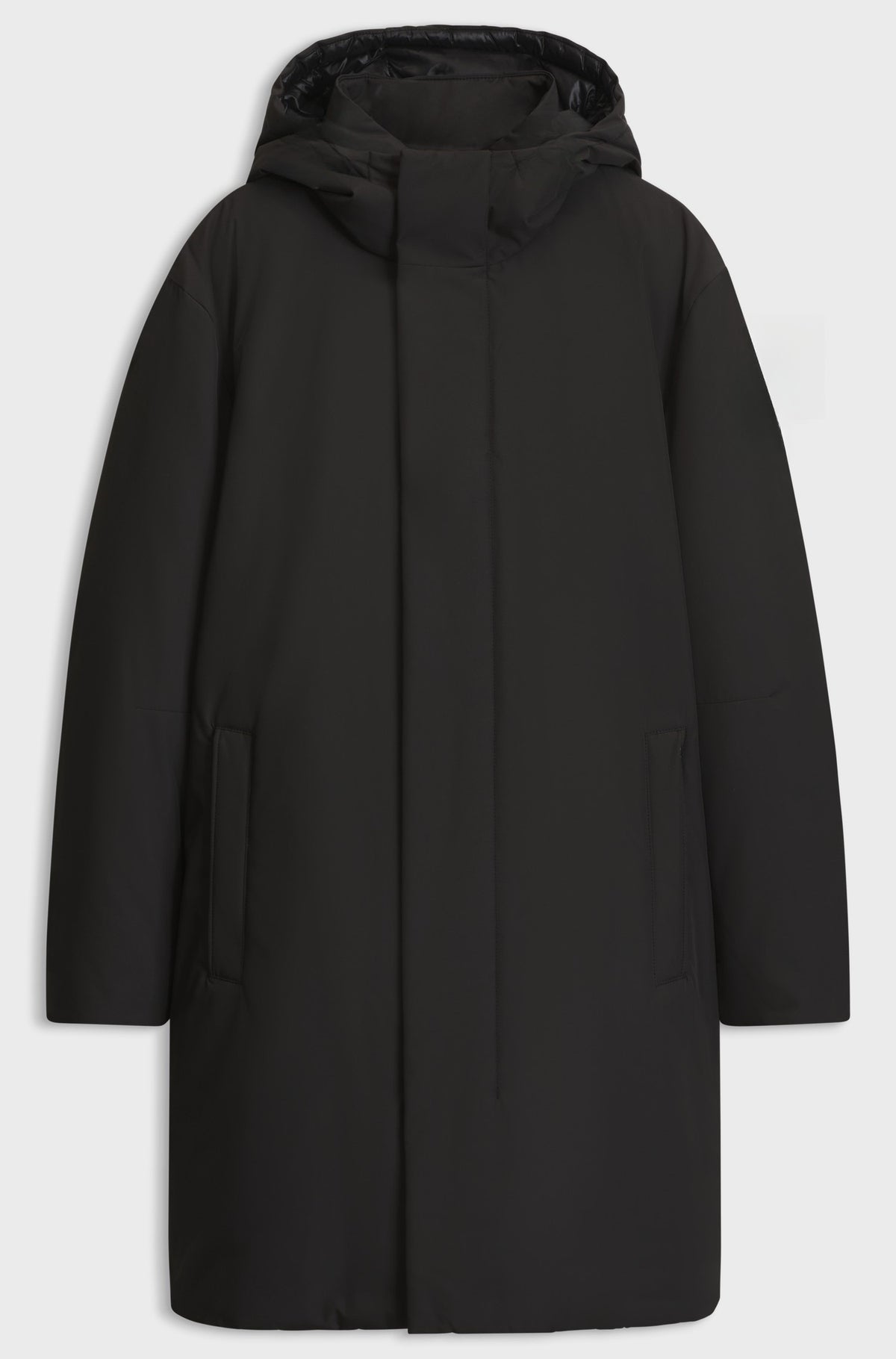 Long hooded down-filled coat with concealed closure - Black