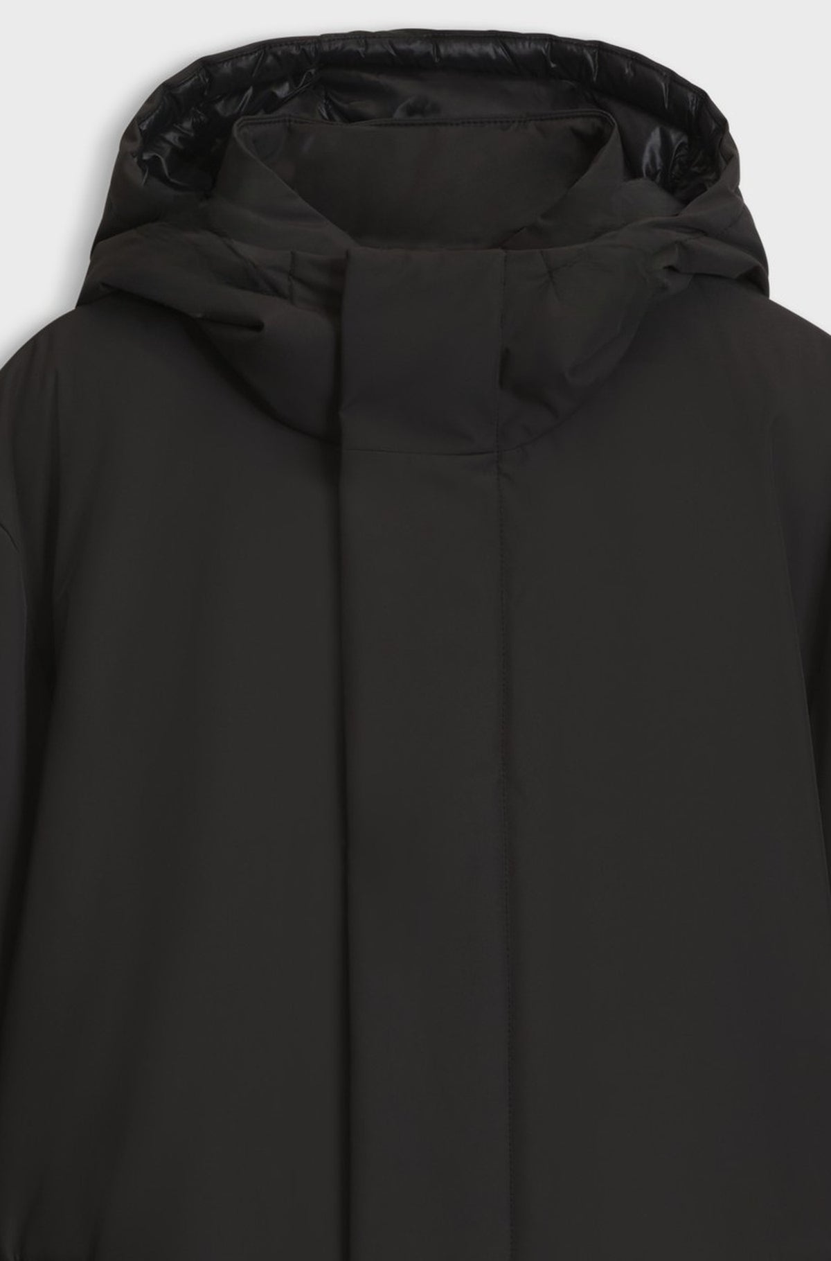 Long hooded down-filled coat with concealed closure - Black