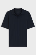 Cotton-jacquard polo shirt with Johnny collar - Dark Blue