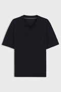 Merino-wool knit polo with Johnny collar - Dark Blue