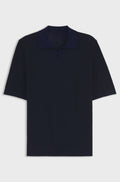 Johnny-collar knit polo in cotton and silk - Dark Blue