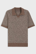 Johnny-collar polo sweater in wool, silk and cotton - Brown