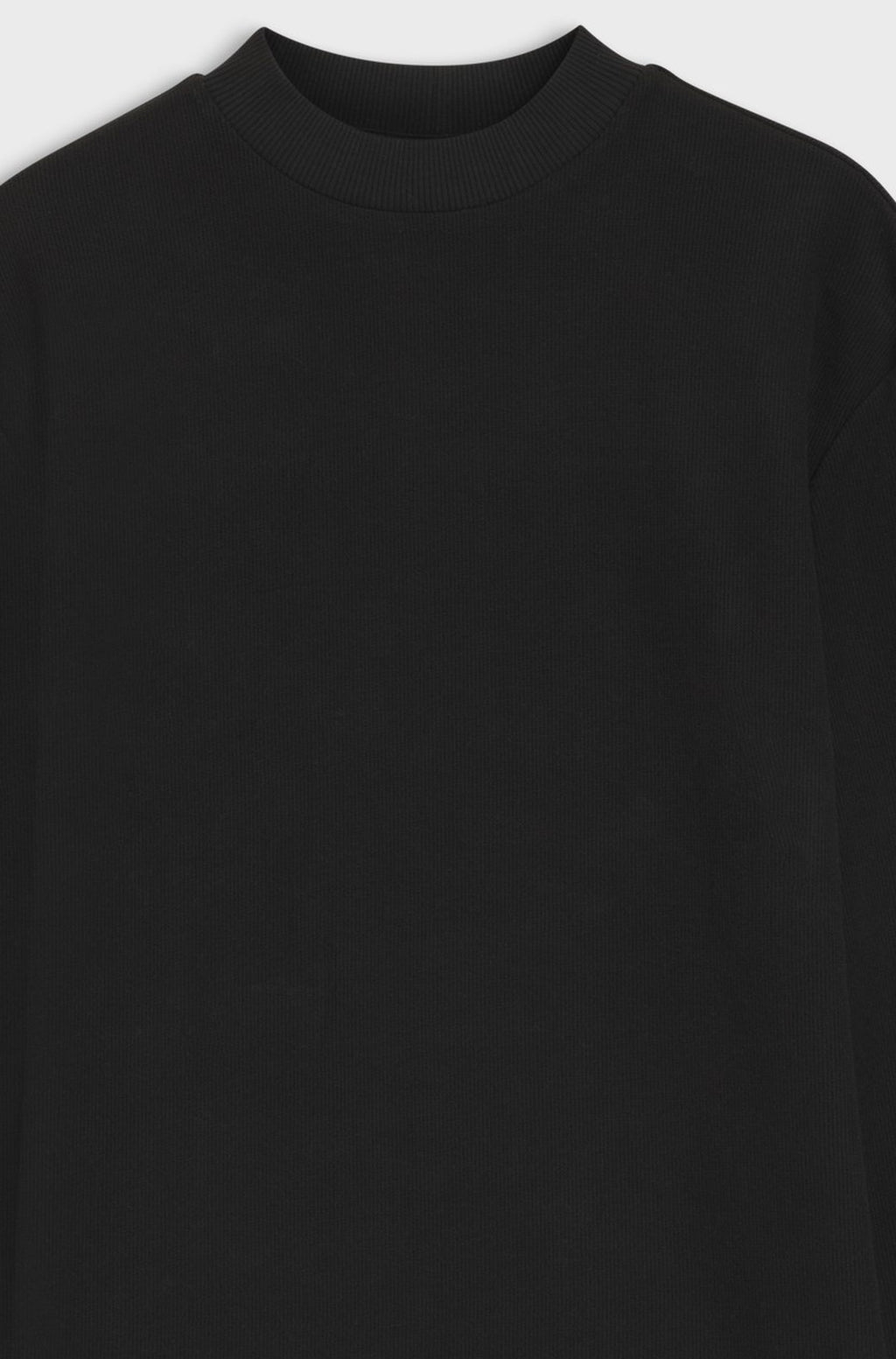 Fine-ribbed cotton top with mock neck and long sleeves - Black