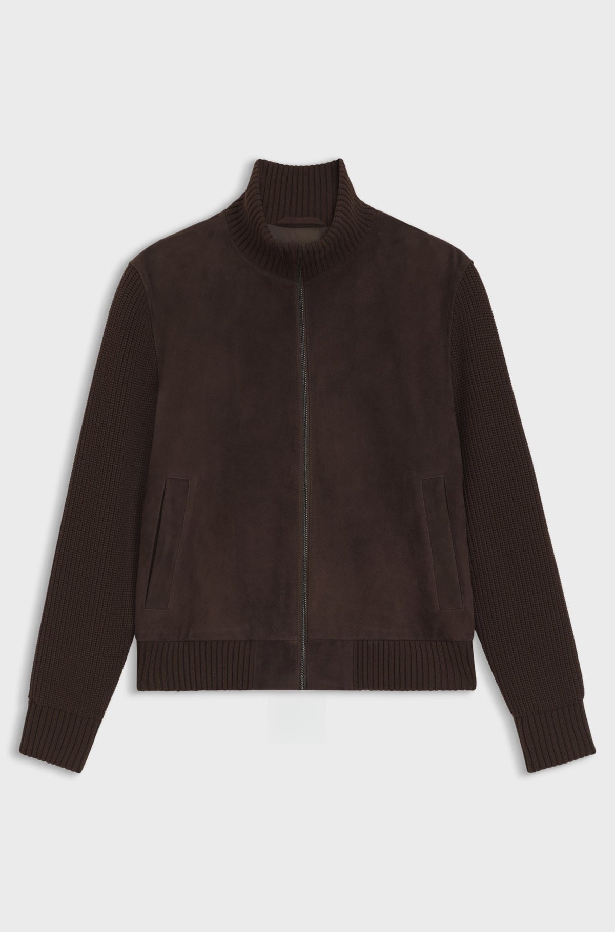 Rich suede jacket with stretch-knit sleeves - Dark Brown