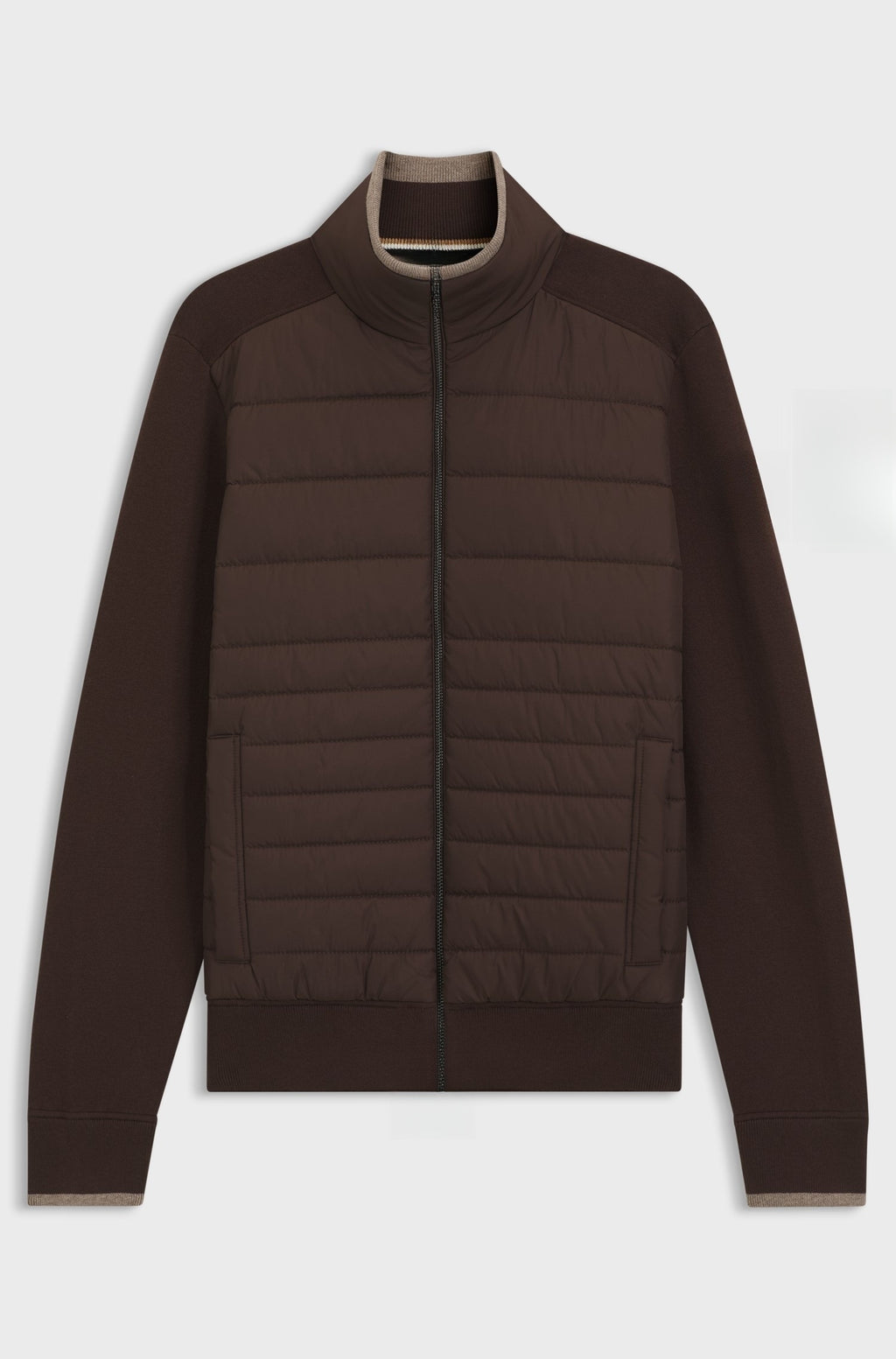 Knitted zip-up jacket with tonal padded front - Dark Brown
