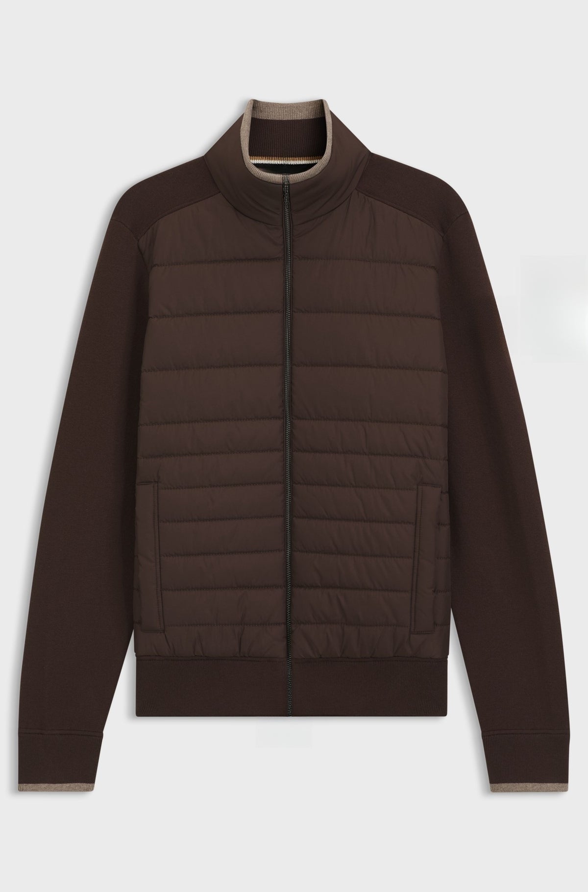 Knitted zip-up jacket with tonal padded front - Dark Brown