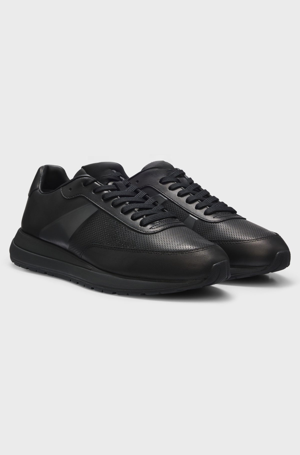Burnished leather lace-up trainers with perforated panels - Black