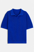 Waffle-structure knit polo with Johnny collar - Blue