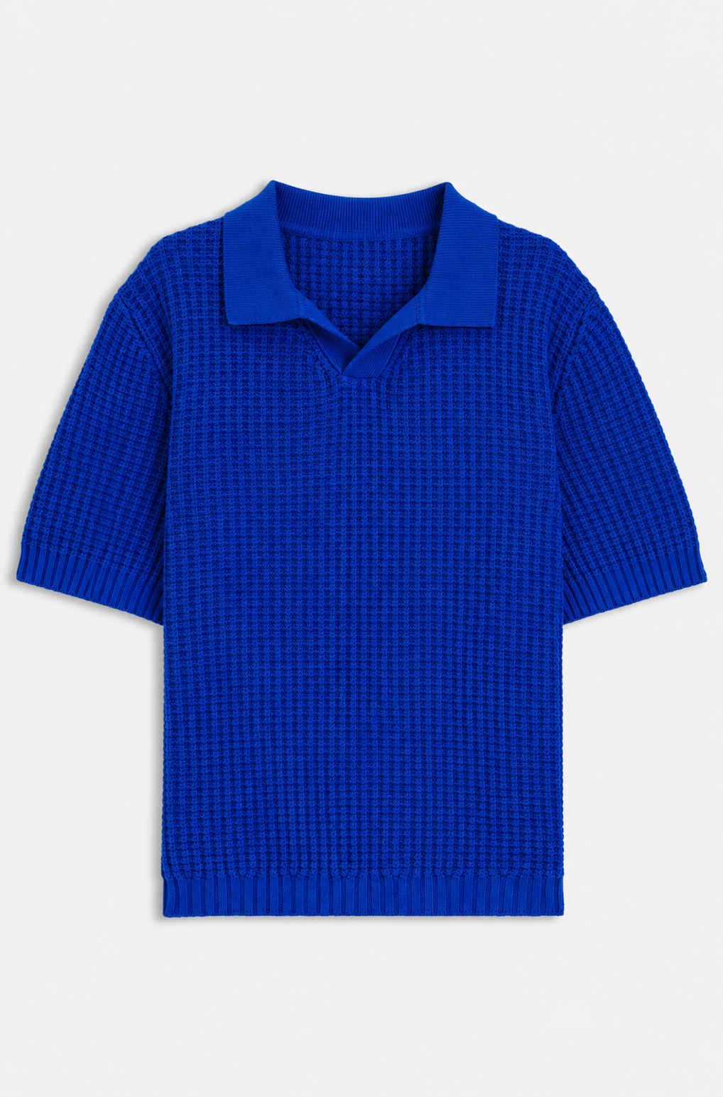 Waffle-structure knit polo with Johnny collar - Blue